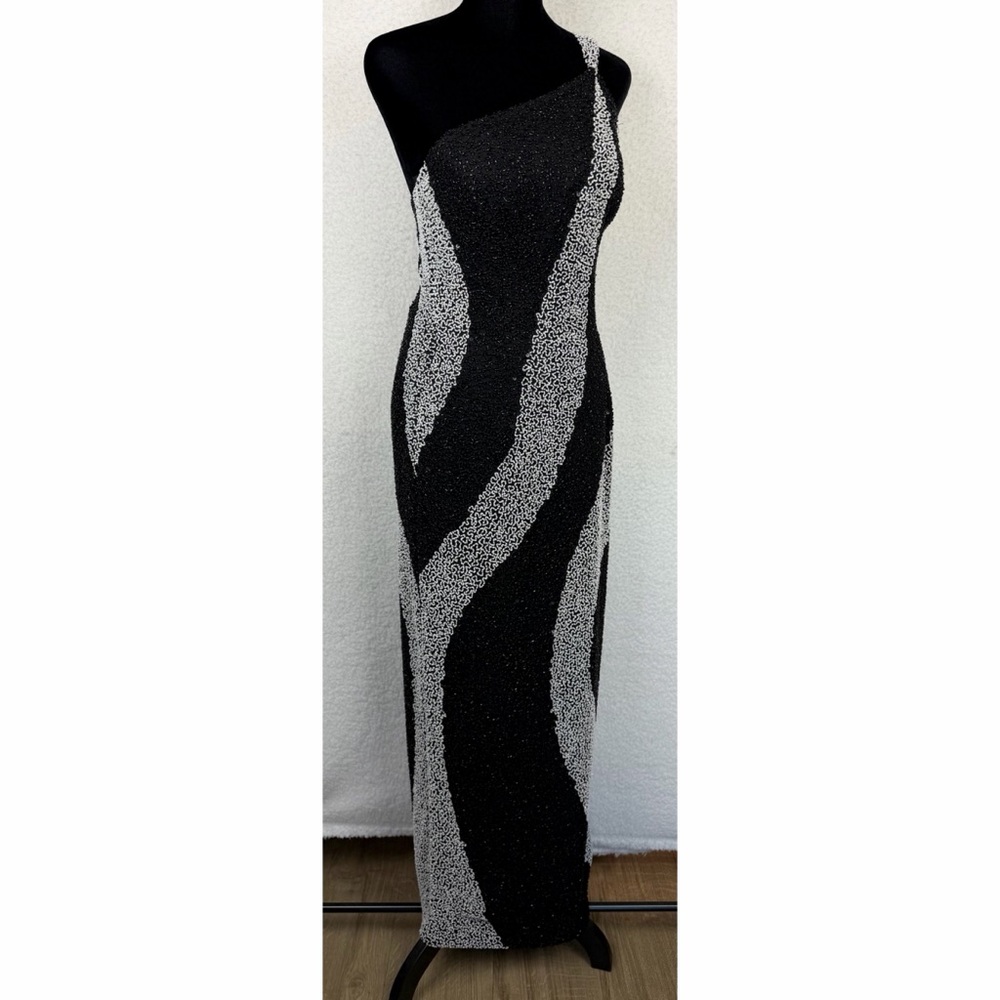 (VTG) SCALA • Black/White One-Shoulder Beaded Formal Maxi Gown w/ Side Slit, S - Picture 2 of 15
